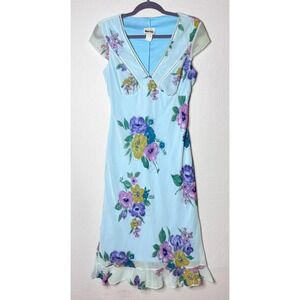 Y2K Floral Midi Dress Vintage Sz S / M Blue Babydoll Sheer Tie Fairy 90s Cottage